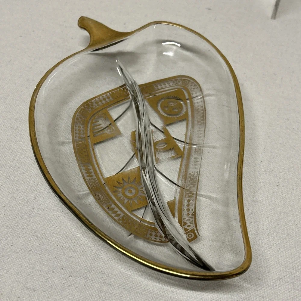 Vintage Georges Briard Glass Leaf Tray Gilded Gold‎ Accent Greek Candy Nut Dish